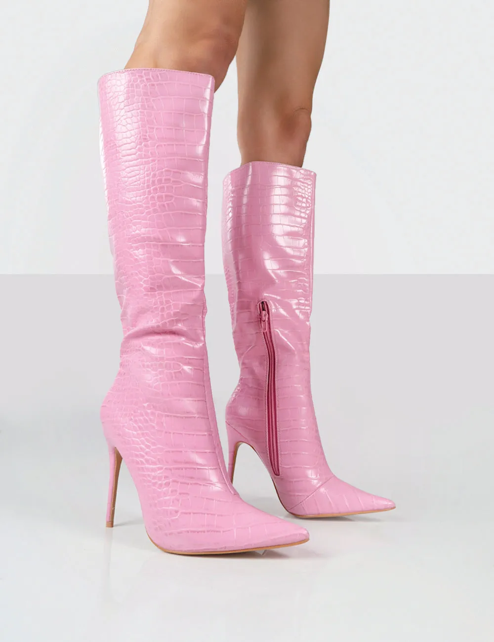 Horizon Pink Croc PU Stiletto Knee High Boots sold by Public Desire
