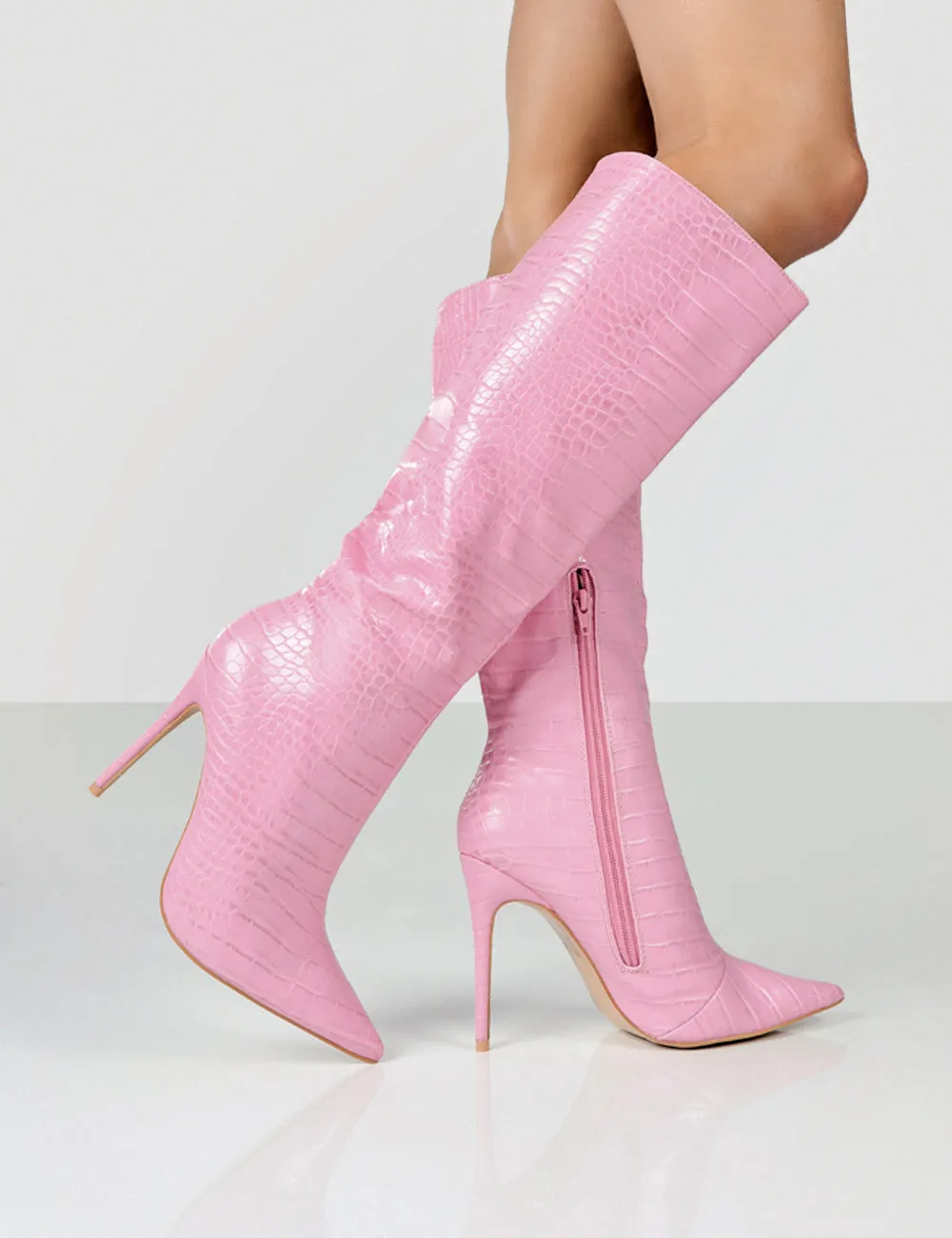 Horizon Pink Croc PU Stiletto Knee High Boots sold by Public Desire product image thumbnail 3