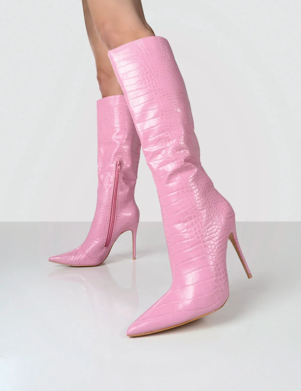 Horizon Pink Croc PU Stiletto Knee High Boots sold by Public Desire product image thumbnail 4