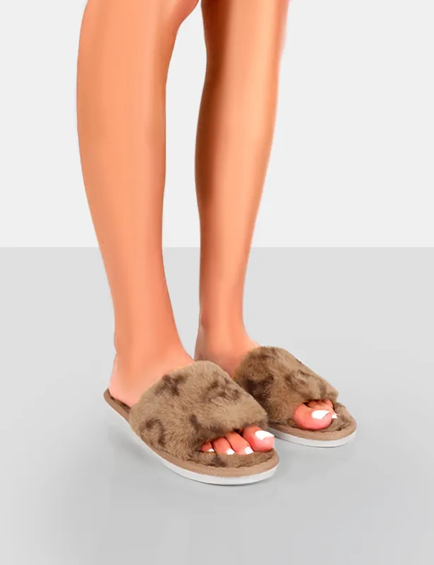 Dopey Beige Pattern Faux Fur Slider Slippers sold by Public Desire