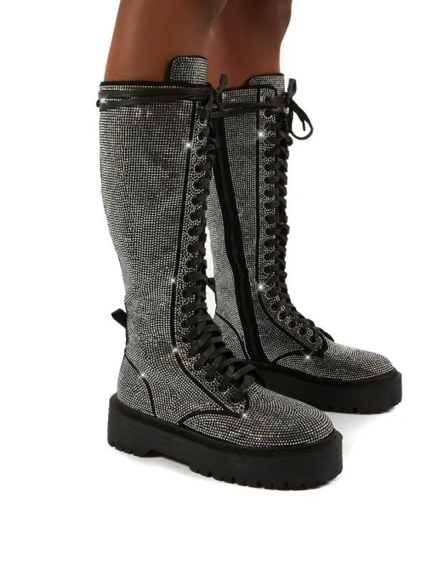 Bitter Sweet Black Diamante Lace Up Knee High Chunky Boots sold by Public Desire