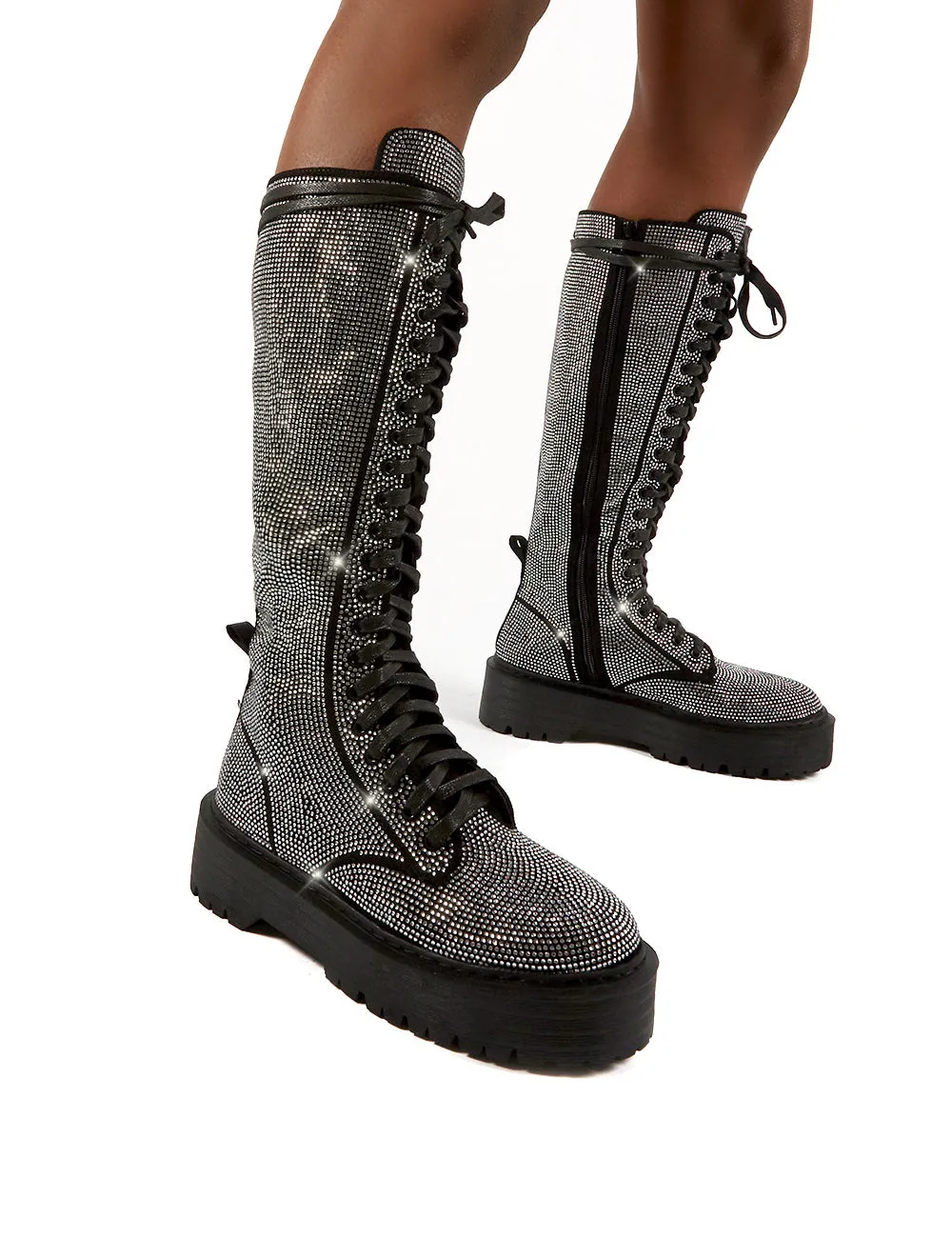 Bitter Sweet Black Diamante Lace Up Knee High Chunky Boots sold by Public Desire product image thumbnail 4