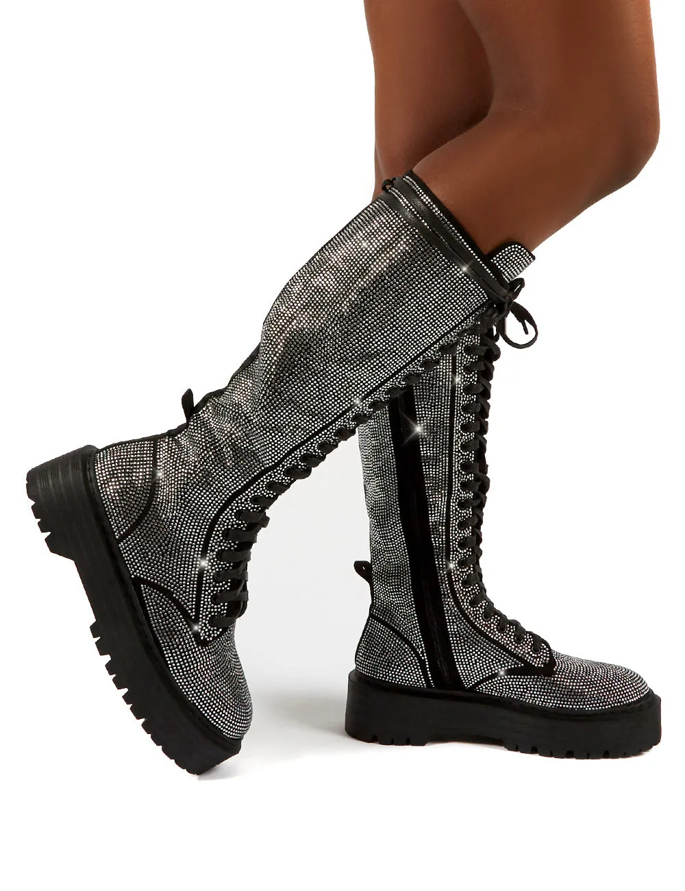 Bitter Sweet Black Diamante Lace Up Knee High Chunky Boots sold by Public Desire product image thumbnail 3