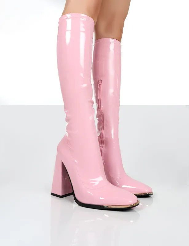 Caryn Pink Patent Knee High Heeled Boots sold by Public Desire