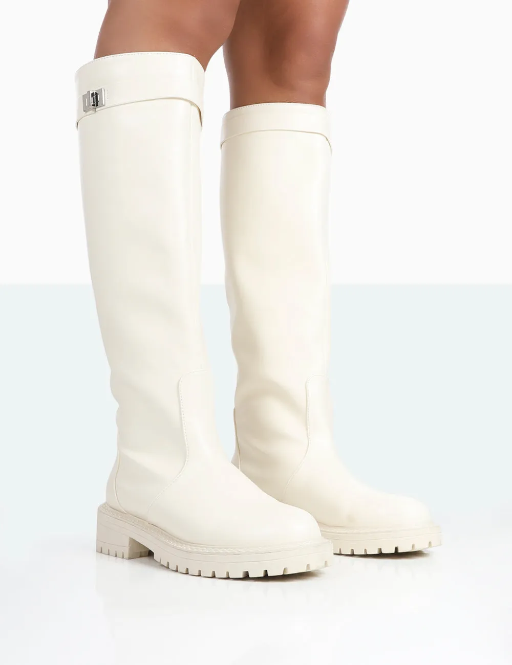 More Fun Ecru PU Round Toe Chunky Sole Knee High Boots sold by Public Desire