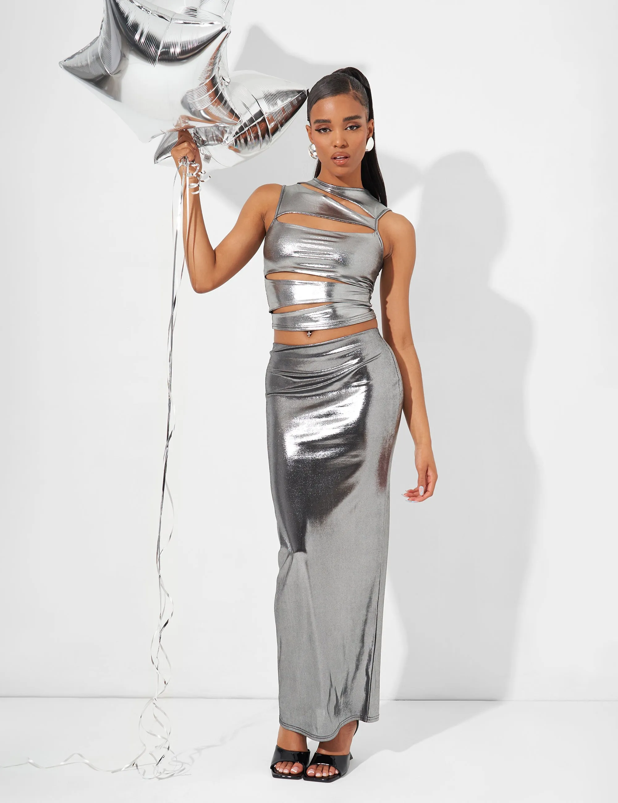 Cut Out Crop Top Co Ord in Metallic Silver sold by Public Desire