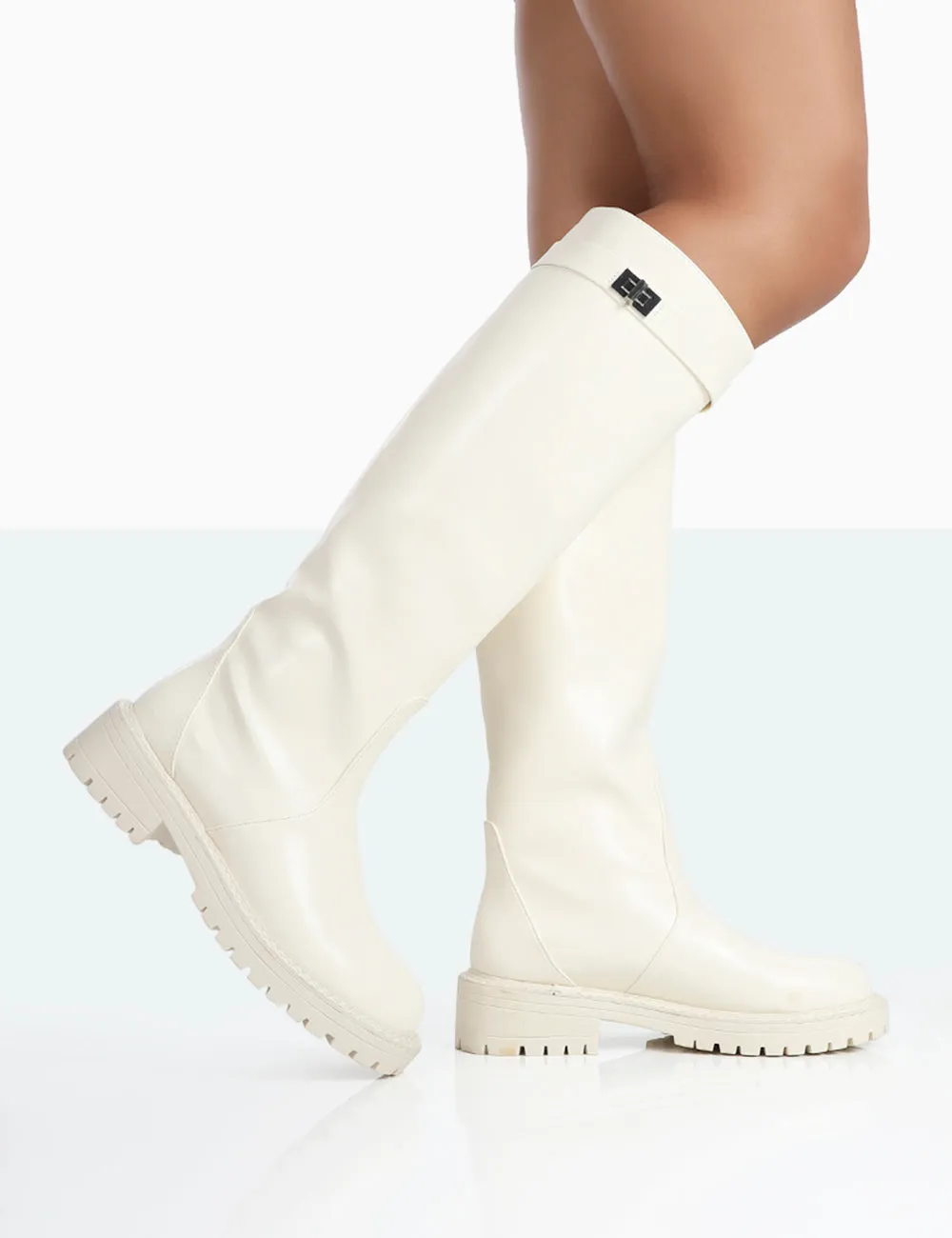 More Fun Ecru PU Round Toe Chunky Sole Knee High Boots sold by Public Desire product image thumbnail 2