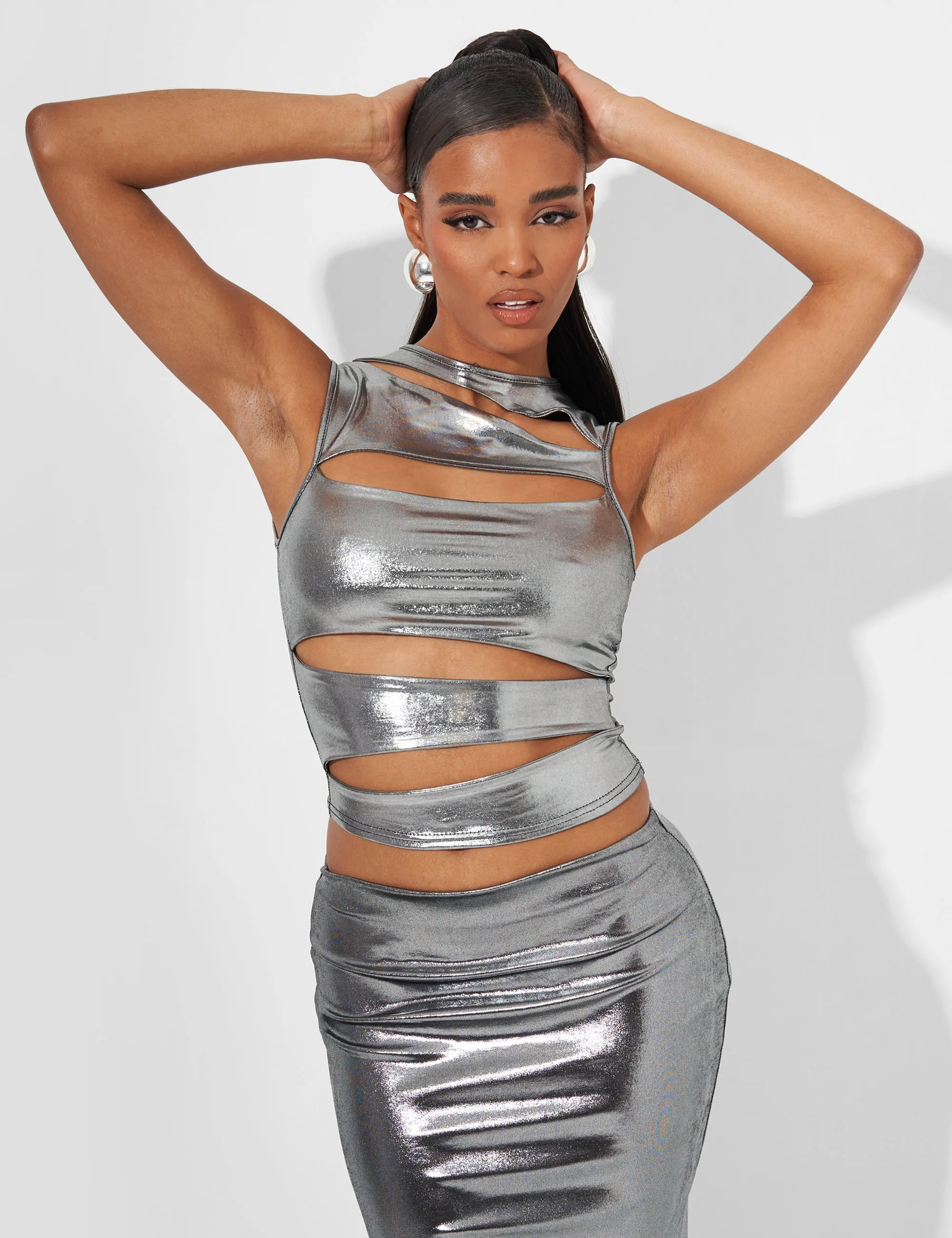 Cut Out Crop Top Co Ord in Metallic Silver sold by Public Desire product image thumbnail 4