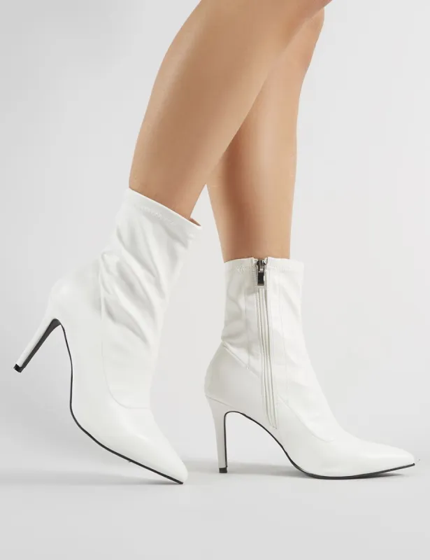 Radar Pointy Stiletto Heeled Ankle Boots in White sold by Public Desire
