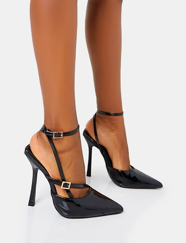 Idol Black Patent Buckle Strappy Detail Stiletto Court High Heels sold by Public Desire