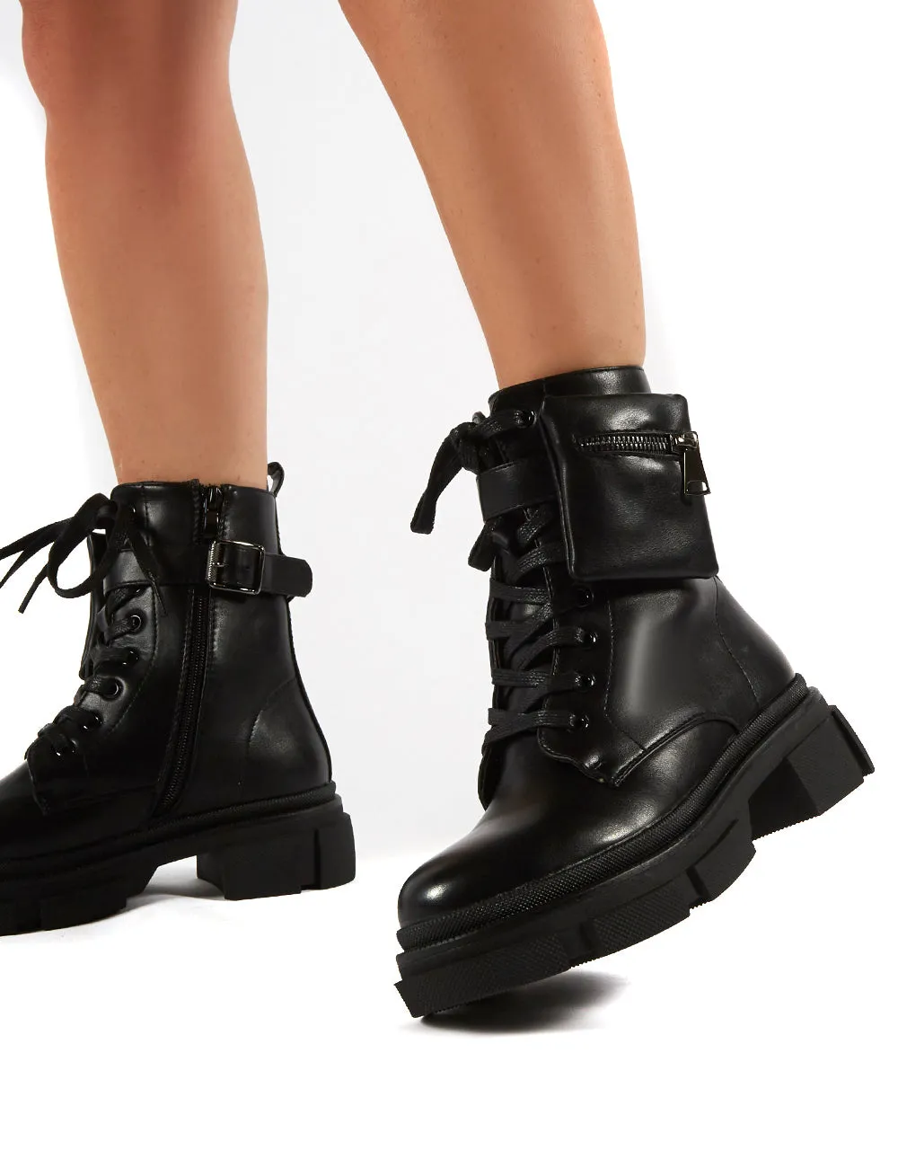 Ramona Black Chunky Lace Up Pouch Detail Ankle Biker Boots sold by Public Desire product image thumbnail 3