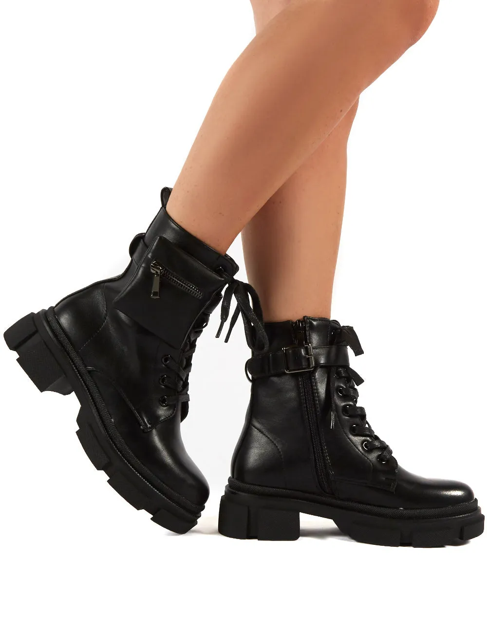 Ramona Black Chunky Lace Up Pouch Detail Ankle Biker Boots sold by Public Desire product image thumbnail 4