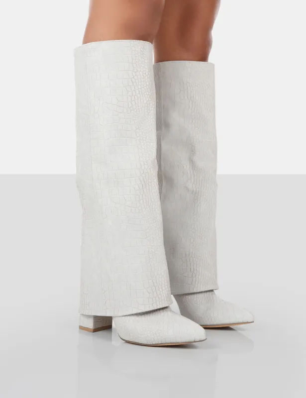 Zendaya Grey Croc Pointed Toe Knee High Block Boots sold by Public Desire