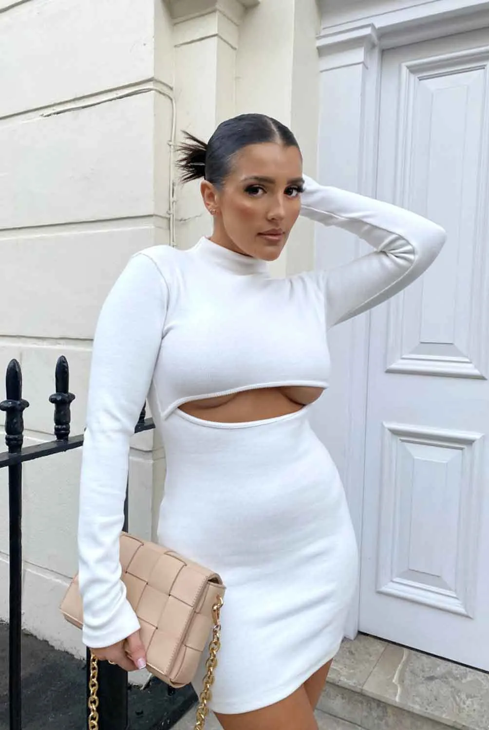 Long Sleeve Waist Cut Out Mini Dress Ivory sold by Public Desire