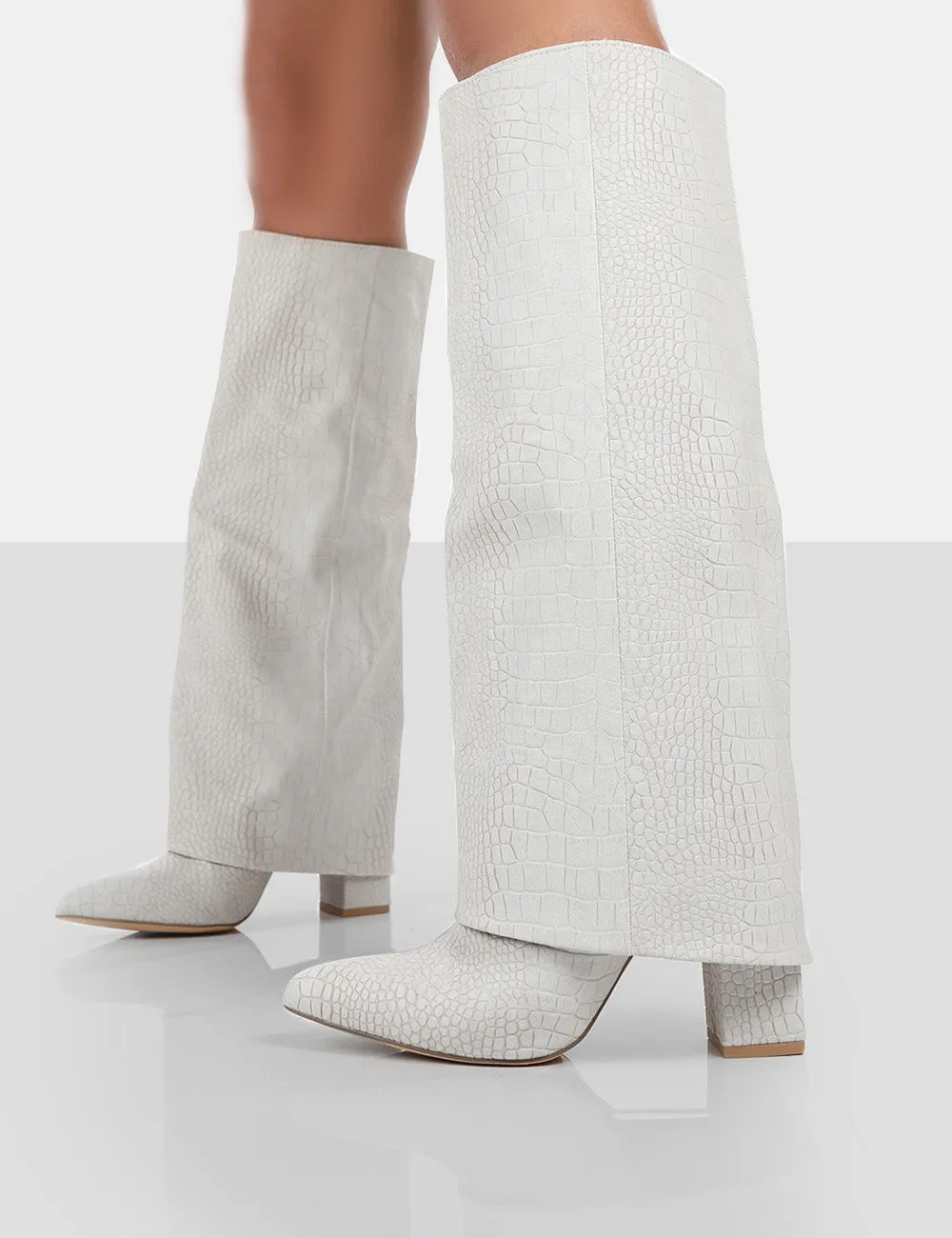 Zendaya Grey Croc Pointed Toe Knee High Block Boots sold by Public Desire product image thumbnail 3