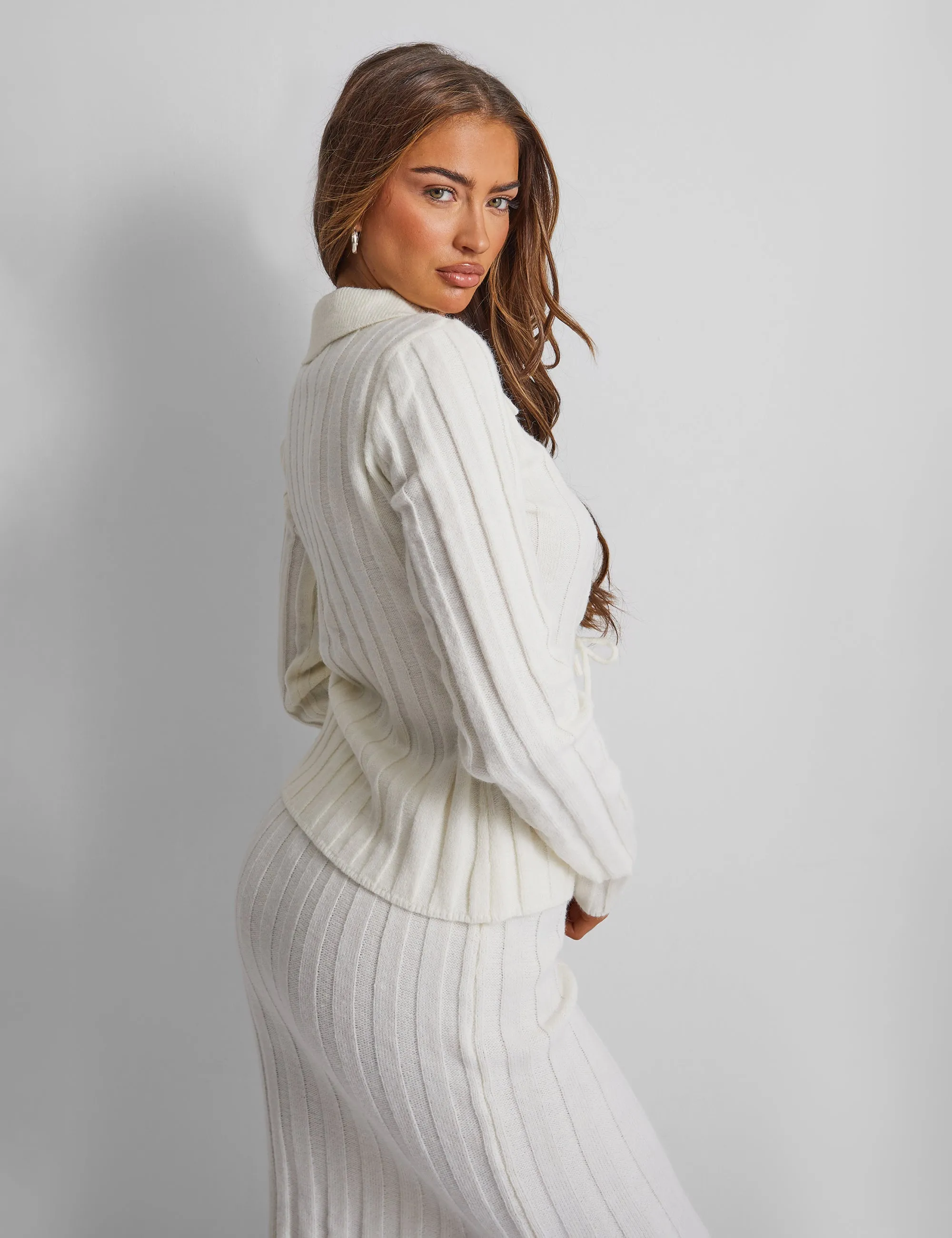 Kaiia Knitted Tie Front Collared Top Co-ord in Cream sold by Public Desire product image thumbnail 5