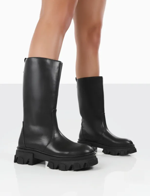 Jolie Black Pu Knee High Chunky Sole Long Boots sold by Public Desire