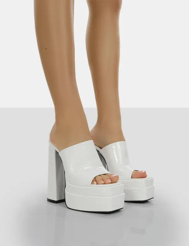 Sky High White Croc Chunky Platform High Heeled Mules sold by Public Desire