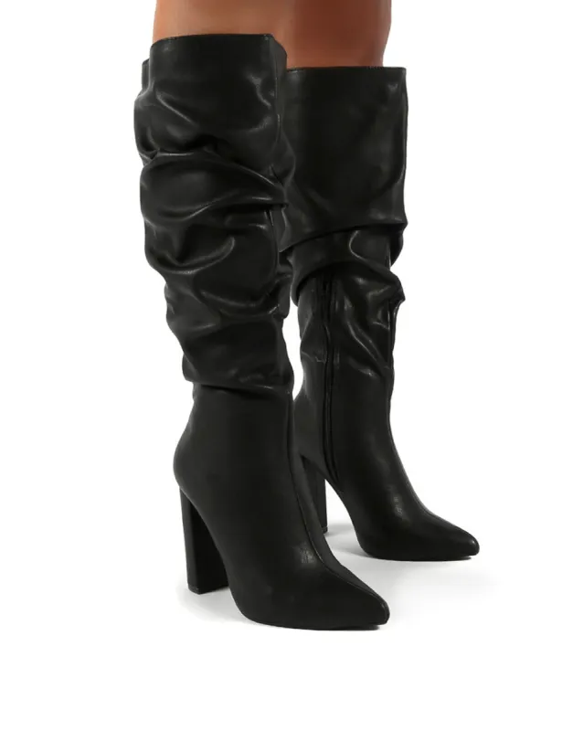 Yours Black Wide Fit PU Heeled Knee High Block Boots sold by Public Desire