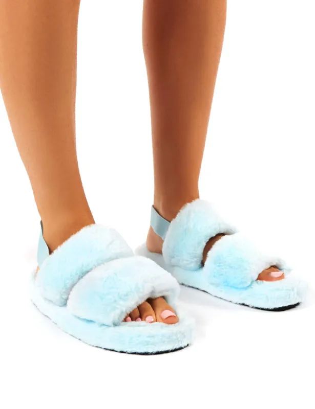 Lullaby Blue Fluffy Strap Back Slippers sold by Public Desire