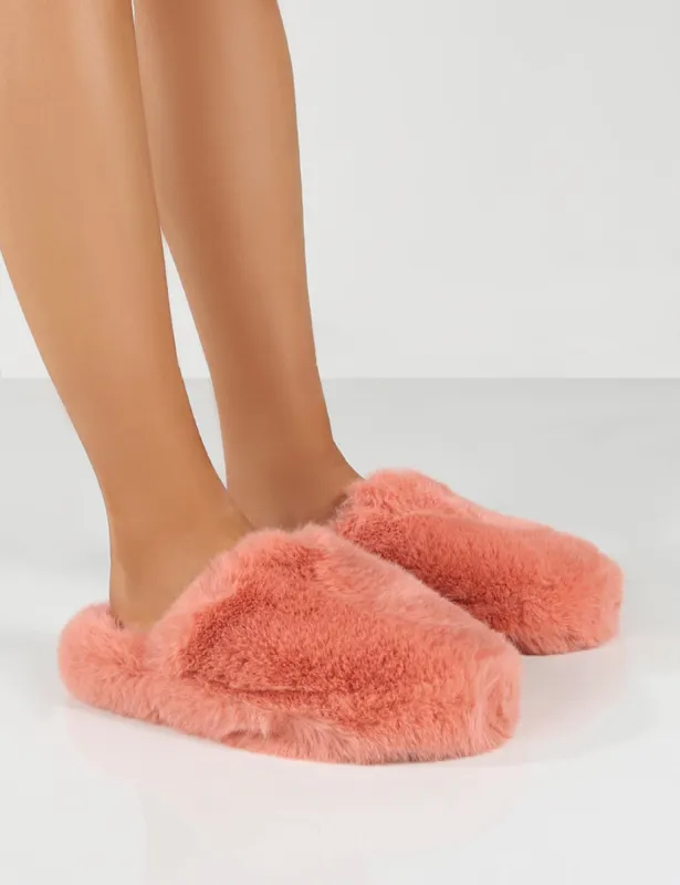 Baloo Peach Faux Fur Fluffy Slipper sold by Public Desire