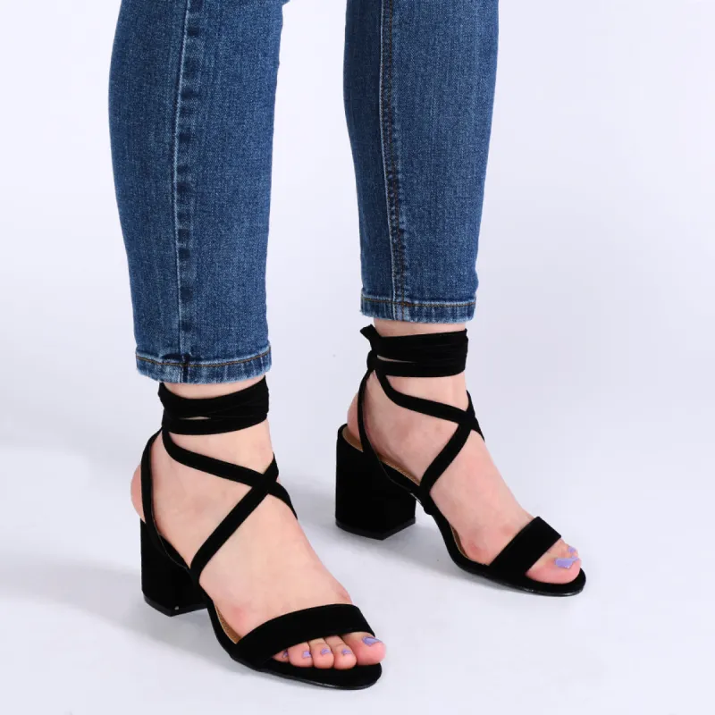 Sophie Heeled Sandals in Black Faux Suede sold by Public Desire