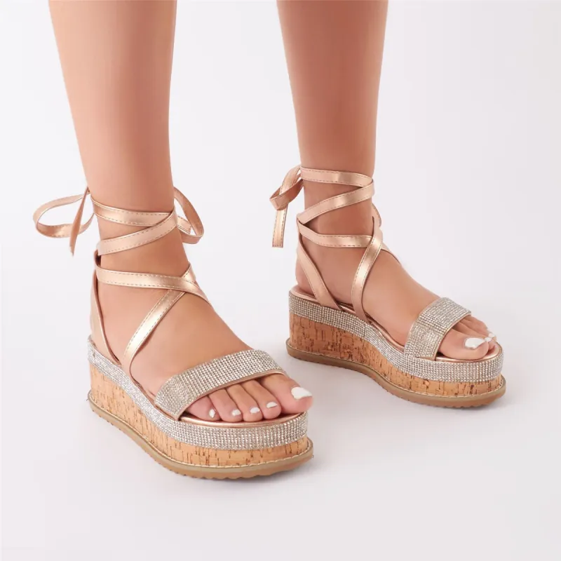 Bora Bora Diamante Lace Up Flatform Sandal in Rose Gold sold by Public Desire