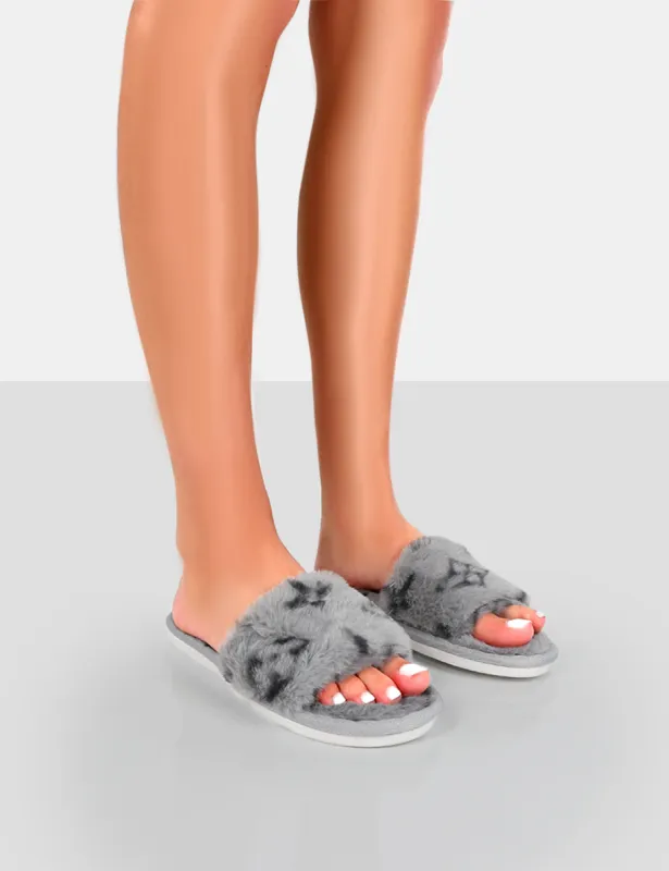 Dopey Grey Pattern Faux Fur Slider Slippers sold by Public Desire