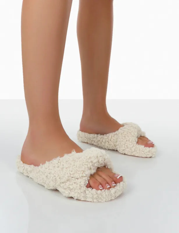 Slumber Beige Teddy Cross Over Strap Slippers sold by Public Desire