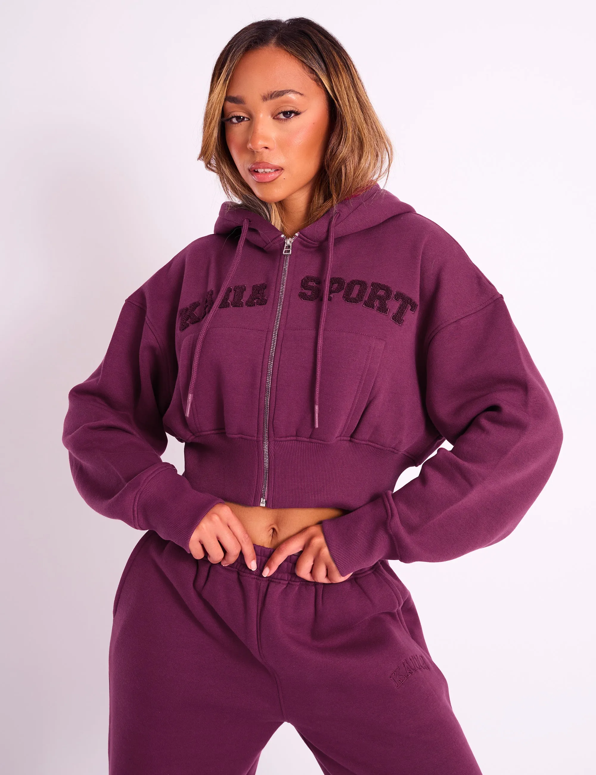 Kaiia Sport Logo Zip Through Cropped Hoodie Burgundy sold by Public Desire