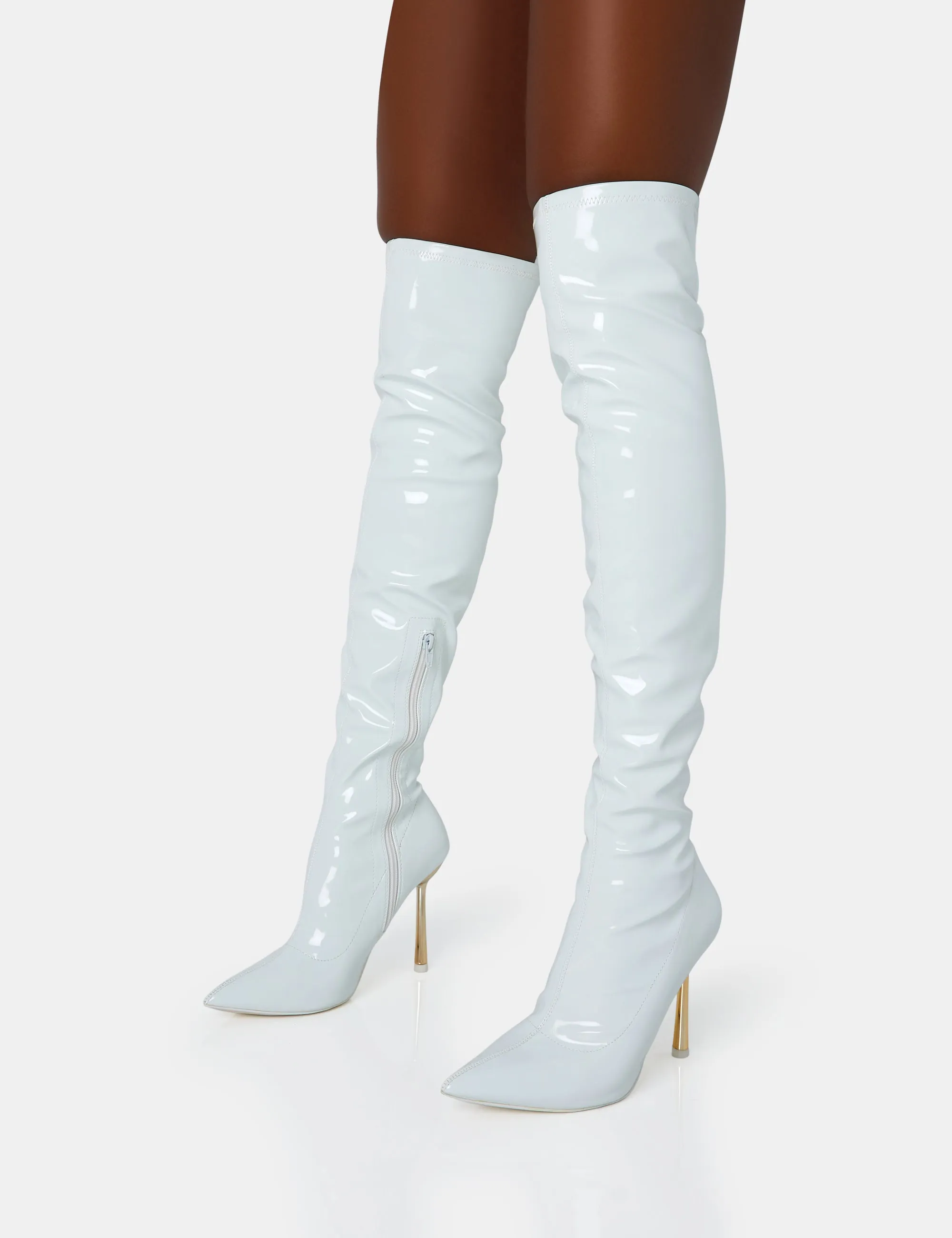 Zhenya White Patent Gold Contrast Stiletto Over The Knee Boots sold by Public Desire product image thumbnail 3