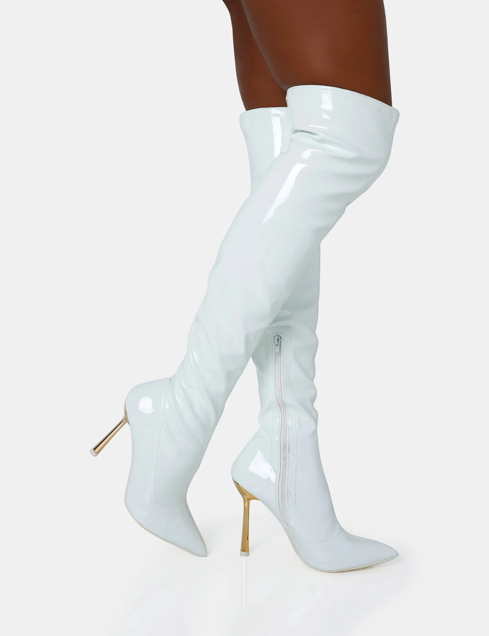 Zhenya White Patent Gold Contrast Stiletto Over The Knee Boots sold by Public Desire product image thumbnail 2