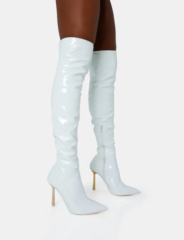Zhenya White Patent Gold Contrast Stiletto Over The Knee Boots sold by Public Desire