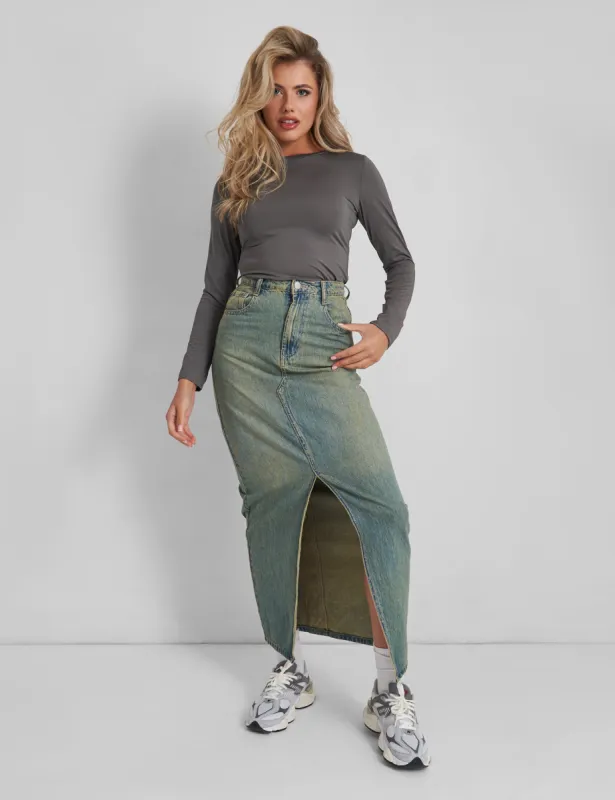 Split Front Denim Maxi Skirt Vintage Wash sold by Public Desire