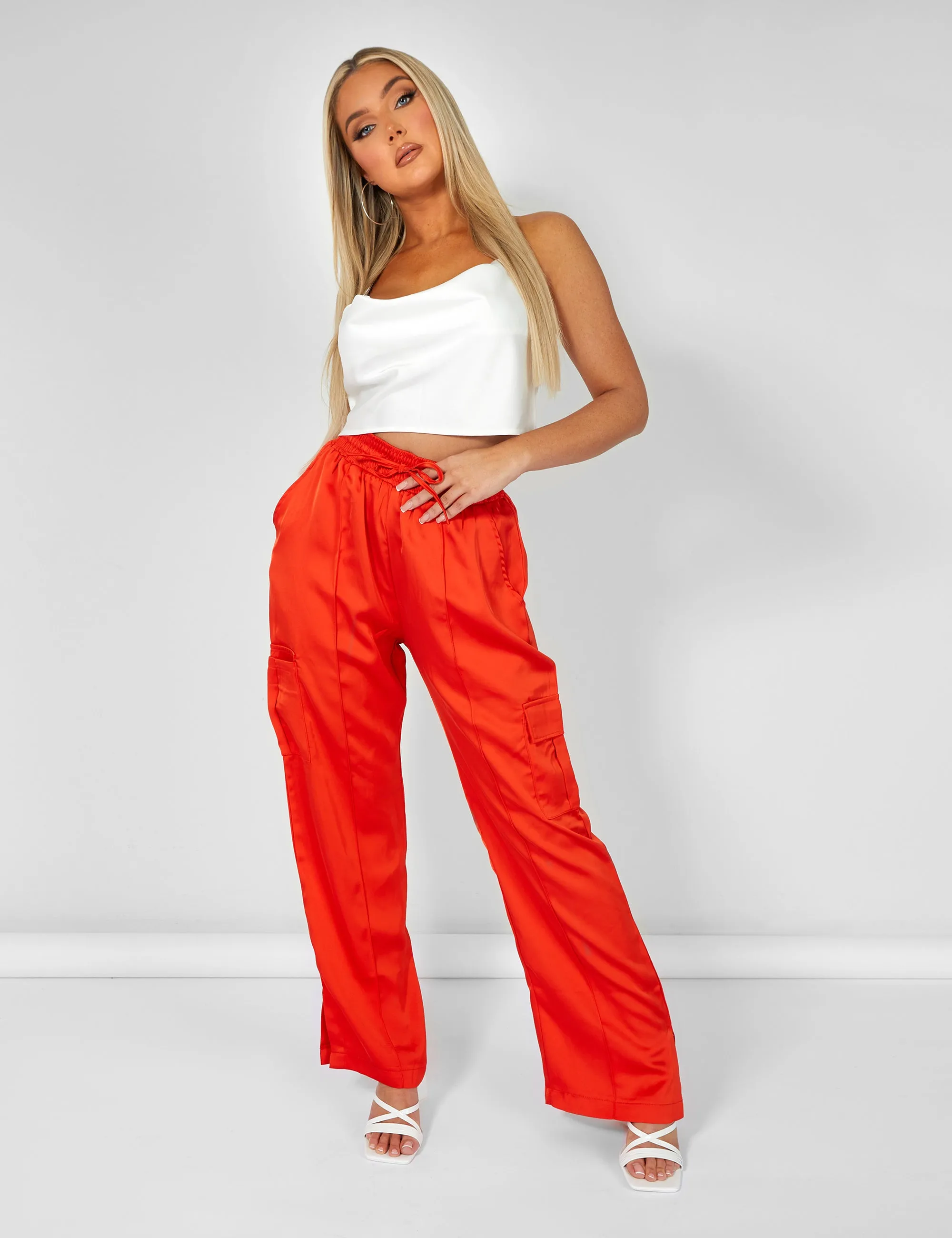 Split Hem Satin Elasticated Waist Joggers Red sold by Public Desire