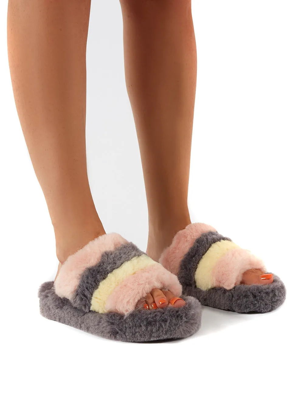 Sleepy Grey Fluffy Sliders Faux Fur Slippers sold by Public Desire
