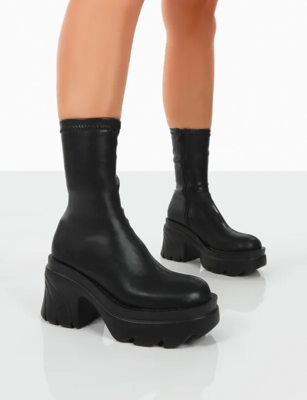 Jennie Black Drench PU Platform Chunky Sole Heeled Ankle Boots sold by Public Desire