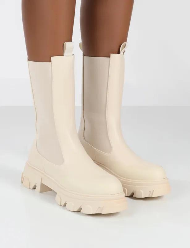 Boston Bone Pu Wide Fit Platform Calf High Chunky Sole Boots sold by Public Desire