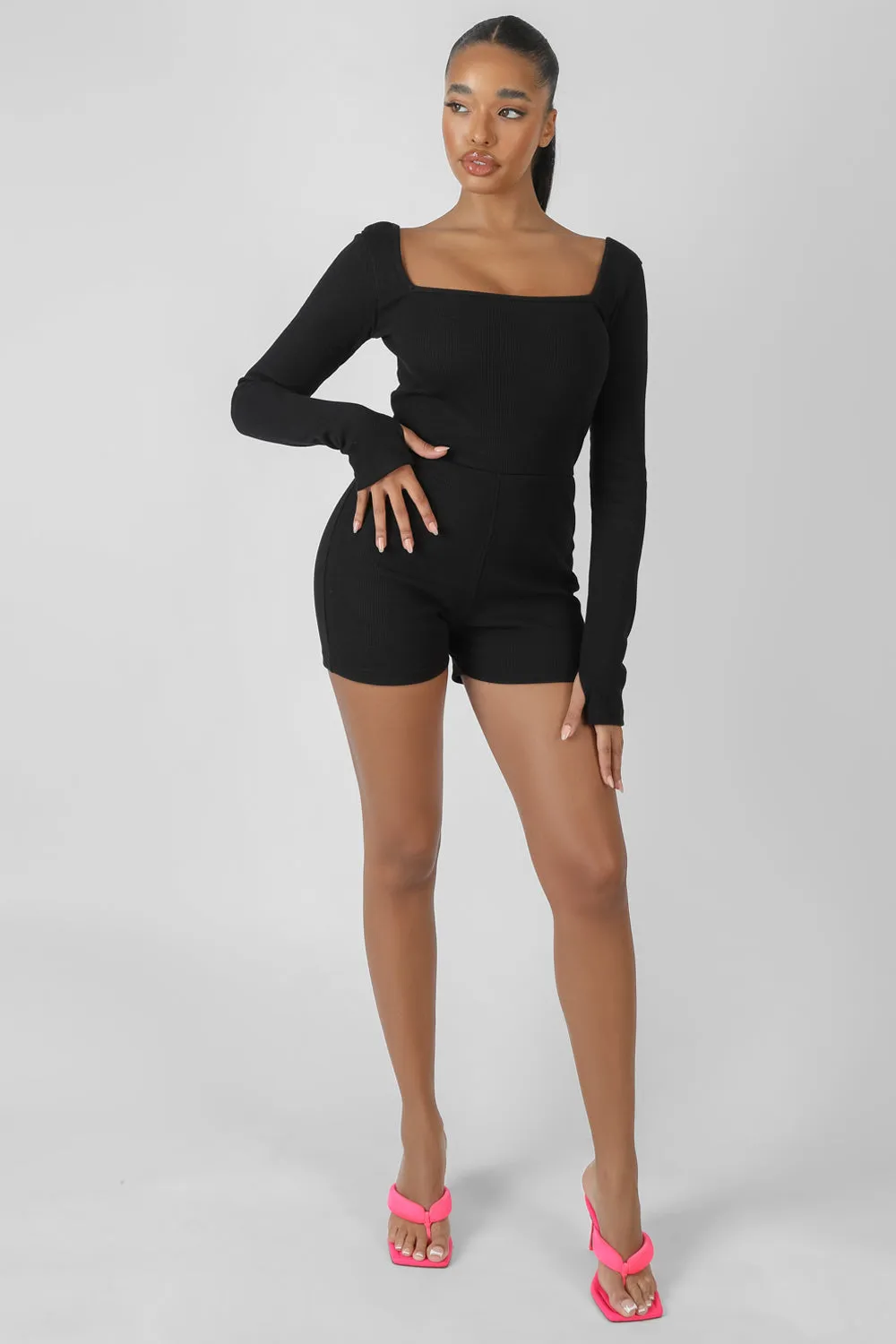 Long Sleeved Ribbed Short Unitard Black sold by Public Desire product image thumbnail 2