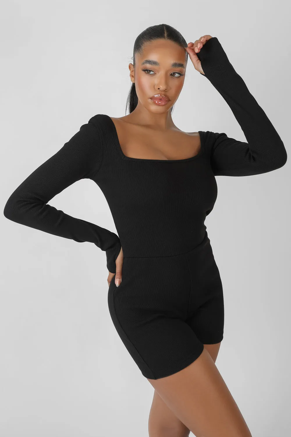 Long Sleeved Ribbed Short Unitard Black sold by Public Desire