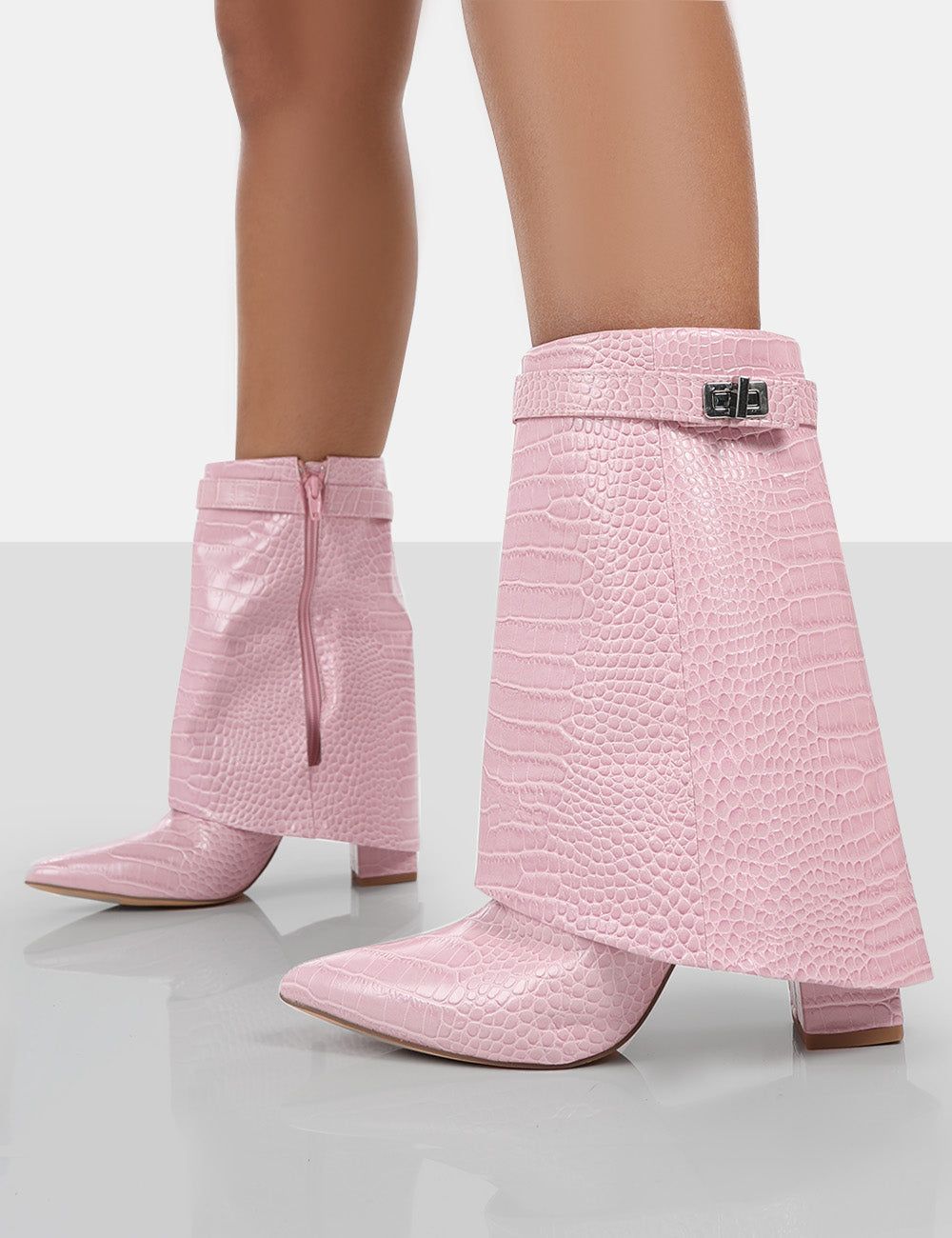 Fyre Baby Pink Croc Pointed Toe Block Heeled Ankle Boots sold by Public Desire product image thumbnail 3