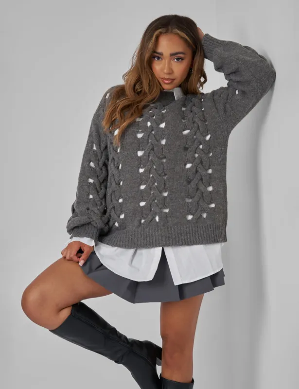 Kaiia Oversized Plaited Jumper in Charcoal sold by Public Desire