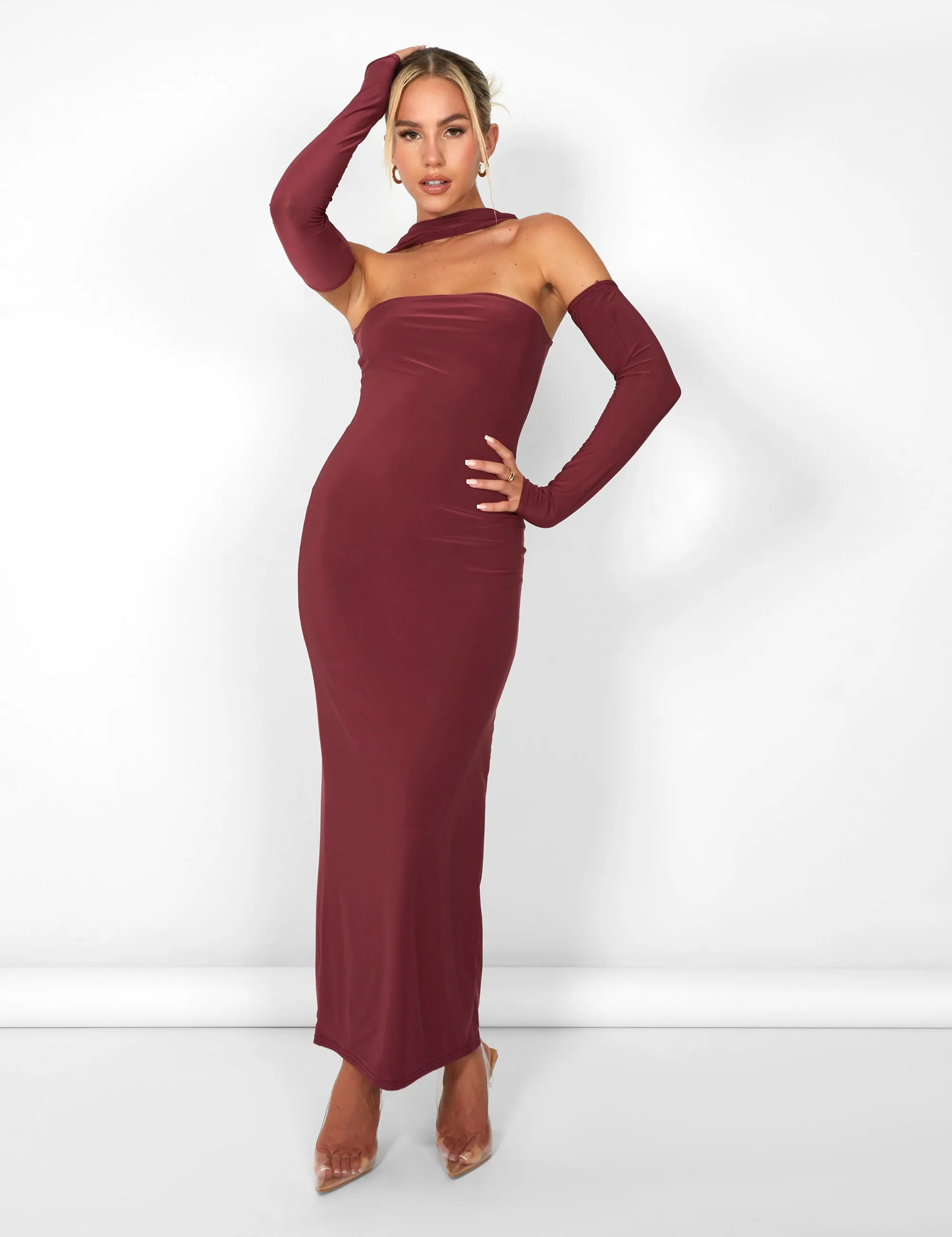 Kaiia Slinky Choker Bodycon Midi Dress in Burgundy sold by Public Desire