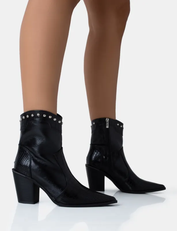 Riley Black Croc Metal Studded Detail Western Cowboy Block Ankle Boots sold by Public Desire