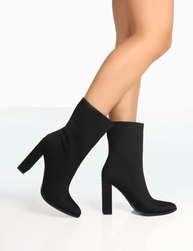 Bridget Black Nylon Pointed Toe Block Heeled Ankle Boots sold by Public Desire