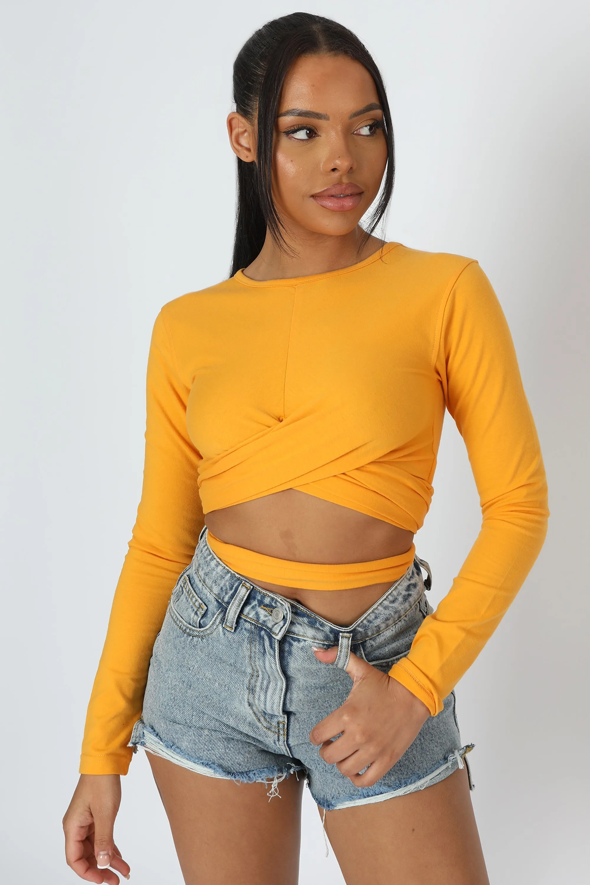Long Sleeve Wrap Waist Crop Top Mango sold by Public Desire