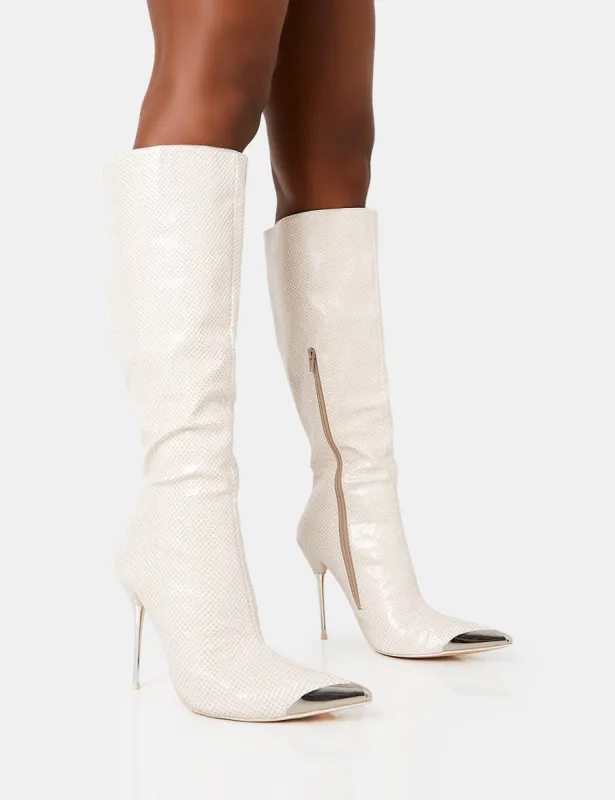 Finery Ecru Croc Metal Toe Capped Zip Up Knee High Stiletto Boots sold by Public Desire