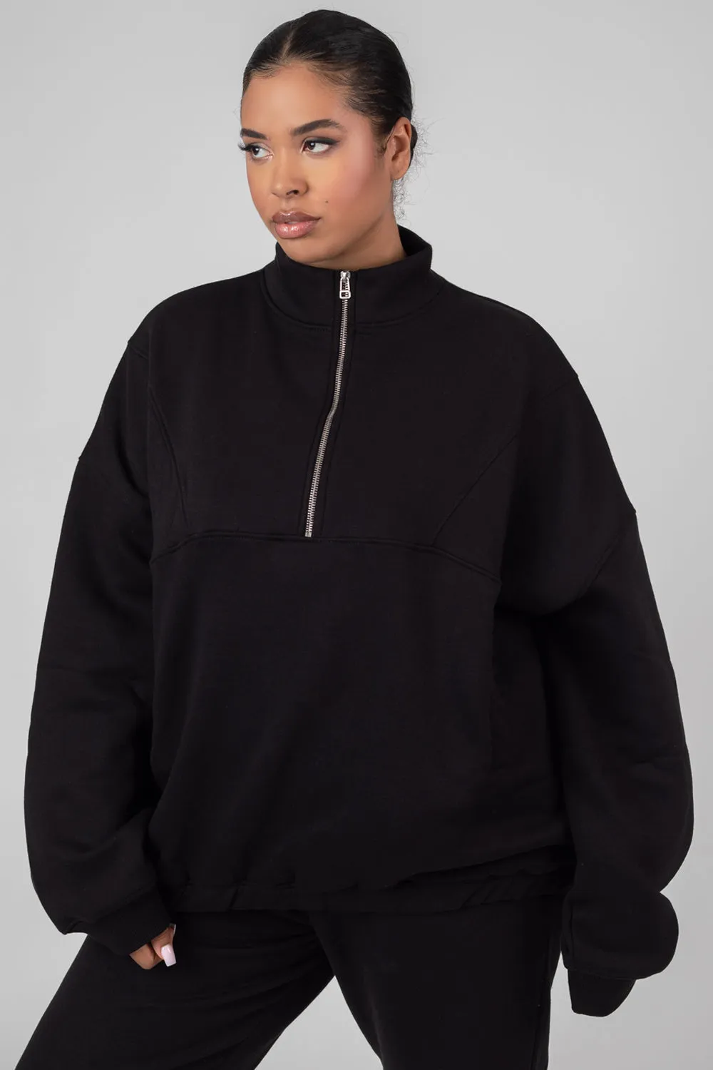Curve Oversized Half Zip Pullover Pocket Front Sweatshirt Black sold by Public Desire