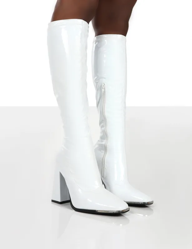Caryn White Patent Wide Fit Knee High Block Heeled Boots sold by Public Desire