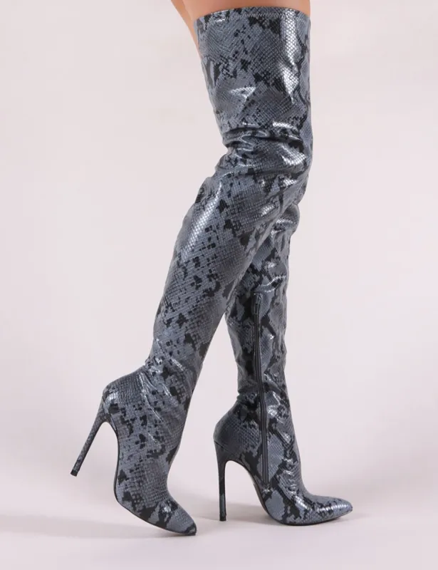 Fleur Over the Knee Boots in Snake Print made by Public Desire